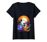 Womens Python Cosplay Witch Boo Carved Pumpkin Halloween Moon V-Neck T-Shirt
