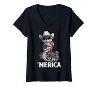 Women's Python Snake American Flag Bandana Cowboy Hat Sunglasses V-Neck T-Shirt