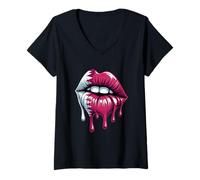 Women's Qatar Flag Dripping Lips Pop Art Style Design V-Neck T-Shirt