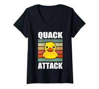 Womens Quack Attack Quote Fun Yellow Rubber Duck Surprise Ducklings V-Neck T-Shirt