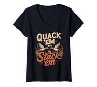 Women's Quack Em and Stack Em Duck Hunting Camp Crew V-Neck T-Shirt