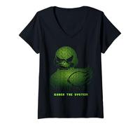 Women's Quack The System Binary Code Duck Programmer Cybersecurity V-Neck T-Shirt