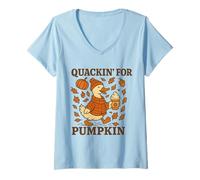 Womens Quackin for Pumpkin Cute Cozy Fall Duck Autumn Thanksgiving V-Neck T-Shirt