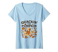 Womens Quackin for Pumpkin Cute Cozy Fall Duck Autumn Thanksgiving V-Neck T-Shirt