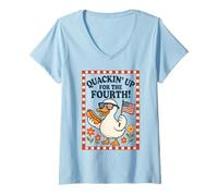 Womens Quackin’ Up for the Fourth Funny Patriotic Duck Design V-Neck T-Shirt