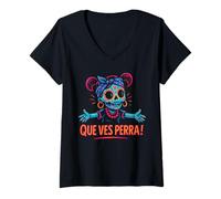 Womens Que VES Perra! Girl Funny Day of The Dead V-Neck T-Shirt