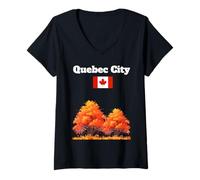 Womens Quebec City Souvenir Autumn Leaves Fall Foliage Canada Flag V-Neck T-Shirt