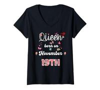 Womens Queen Born in November 19 Flowers 19th November Birthday V-Neck T-Shirt