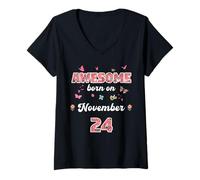 Womens Queen Born in November 24 Flowers 24th November Birthday V-Neck T-Shirt