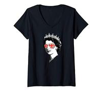 Womens Queen Elizabeth II Sunglasses British Crown Union Jack Meme V-Neck T-Shirt