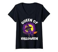 Women's Queen of Halloween Funny Black Cat Witch V-Neck T-Shirt
