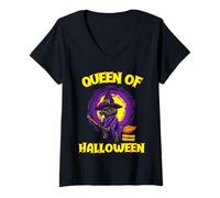 Women's Queen of Halloween Funny Black Cat Witch V-Neck T-Shirt