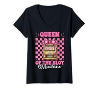Womens Queen of The Slot Machine Gambling Casino 777 Girl Mom V-Neck T-Shirt