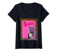 Women's Queen Raccoon Pink Baroque Frame Illustration V-Neck T-Shirt
