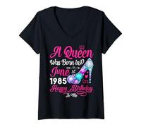 Womens Queen Was Born In June 1985 Girl Women 36 Years Birthday V-Neck T-Shirt