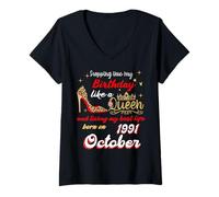 Womens Queen Was Born in October 1991 Stepping into my birthday V-Neck T-Shirt