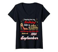 Womens Queen Was Born in September 1991 Stepping into my birthday V-Neck T-Shirt