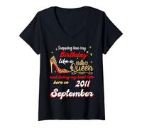 Womens Queen Was Born in September 2011 Stepping into my birthday V-Neck T-Shirt