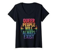 Womens Queer People Will Always Exist Rainbow Text V-Neck T-Shirt