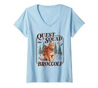 Womens Quest Fantasy Squad Broccoli Funny Cat V-Neck T-Shirt