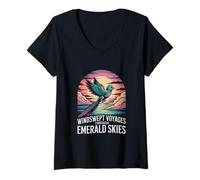 Womens Quetzal Bird Vintage Sunset Wildlife Adventure V-Neck T-Shirt