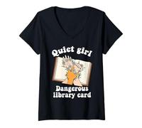 Womens Quiet Girl Dangerous Library Card Book Lover Bookworm Reader V-Neck T-Shirt