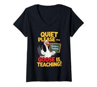 Womens Quiet Please Goose is Teaching Funny Teacher Goose V-Neck T-Shirt