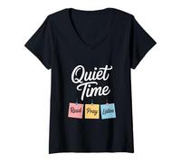 Womens Quiet Time Read Pray Listen Christian Devotional V-Neck T-Shirt