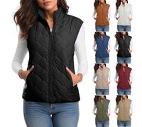 Womens Quilted Gilet Zipper Sleeveless Waistcoat Pocket Lightweight Vests Jackets Ladies Padded Coat Fasion Outdoor Hiking Sports Fall Winter Thermal Outfits