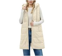 Women's Quilted Gilets Ladies Long Hooded Gilet Longline Bodywarmers Vest Waistcoat Sleeveless Jacket Outerwear Thick Fleece Zip up Padded Coat with Pockets Warm Autumn Winter Outerwear