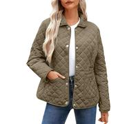Women's Quilted Jackets Uk - Diamond Lightweight Padded Coat, Long Sleeve Casual Loose Puffer Jacket, Pockets, Oversized Lapel Collar Button Down Pullover Top, Winter Warm, Windproof, Outwear Walking