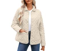 Women's Quilted Jackets Uk - Diamond Lightweight Padded Coat, Long Sleeve Casual Loose Puffer Jacket, Pockets, Oversized Lapel Collar Button Down Pullover Top, Winter Warm, Windproof, Outwear Walking