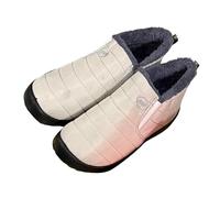 Women's Quilted Slip-On Shoes with Soft-Lined Collar and Flat Sole | Pull-on shoe design with stitched horizontal panels, a rounded closed toe and a contrasting dark sole; cloth outer and shoe