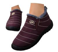 Women's Quilted Slip-On Shoes with Soft-Lined Collar and Flat Sole | Pull-on shoe design with stitched horizontal panels, a rounded closed toe and a contrasting dark sole; cloth outer and shoe