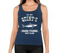 Womens Quints Fishing Shark Jaws Inspired Amity Cult Movie Vest Tank Top Navy Blue UK 10 (M)