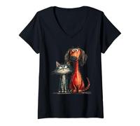 Women's Quirky Cat Dog Duo Sketchy Animal Art V-Neck T-Shirt