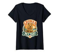 Women's Quokka My Day Happy Australian Beach Sunset V-Neck T-Shirt
