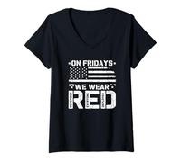 Women's R.E.D On Fridays We Wear Red US Flag Military Remember V-Neck T-Shirt
