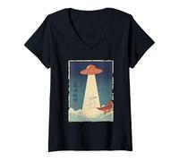 Women's Rabbit Bunny Taken by UFO Vintage Japanese Ukiyo e Art V-Neck T-Shirt