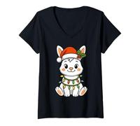 Womens Rabbit Christmas Tree Lights Pajamas Girls Boys Xmas V-Neck T-Shirt