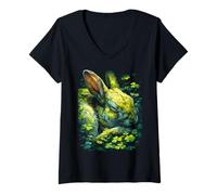 Women's Rabbit Shamrocks Forest St Patricks Day Forestcore Aesthetic V-Neck T-Shirt