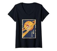 Women's Rabbit Space Saturn Ring Surfer Astronaut Japanese V-Neck T-Shirt