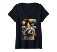 Women's Raccoon Birthday Party Animal Themed in Space V-Neck T-Shirt