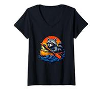 Womens Raccoon Canoe Kayak Adventure Outdoor Paddle Design V-Neck T-Shirt