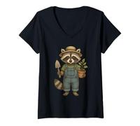 Womens Raccoon Dressed As A Gardener Funny Raccoon Lover Gardening V-Neck T-Shirt