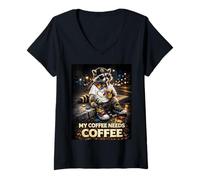 Women's Raccoon Drinking My Coffee Needs Coffee Autism Awareness V-Neck T-Shirt