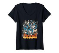 Women's Raccoon Faces Wild Animal Grunge Style Graphic V-Neck T-Shirt