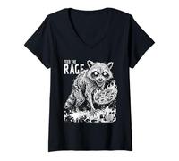 Women's Raccoon Feeding Rage Pizza Fire Graphic Distressed Punk Art V-Neck T-Shirt