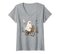 Women's Raccoon Ghost Bicycle Halloween Night Ride V-Neck T-Shirt