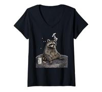 Women's Raccoon Gutter Trash Panda Smoking Cigarette Drinking Beer V-Neck T-Shirt